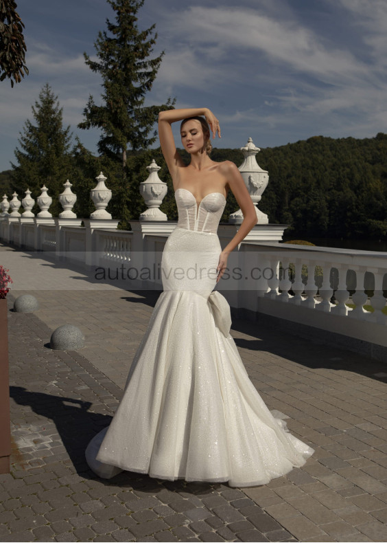 Strapless Ivory Glitter Lace Corset Back Wedding Dress